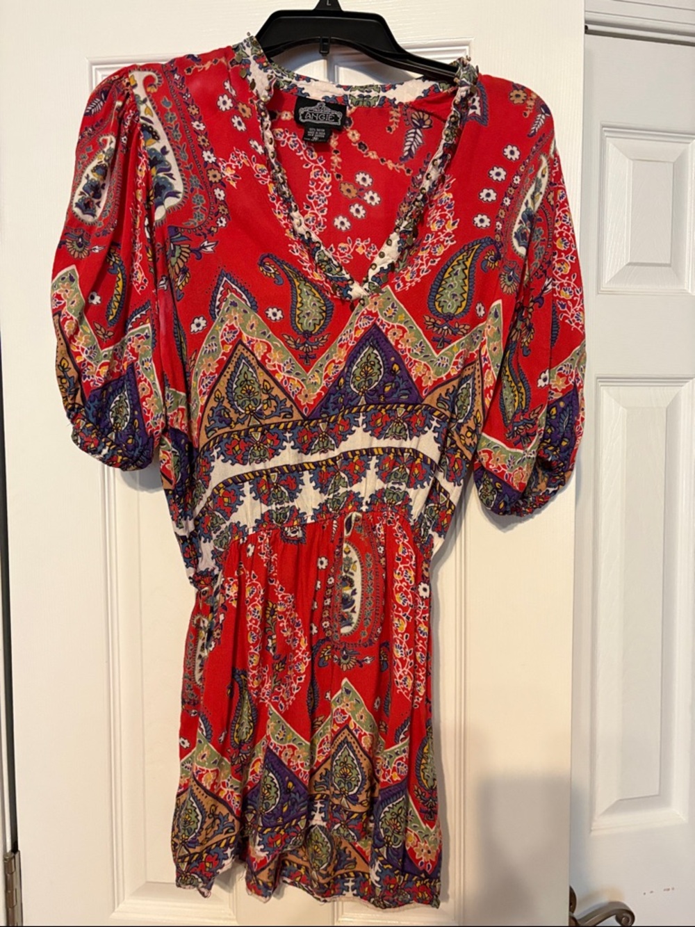 Angie Red Paisley V‑Neck Blouse with Multicolor Print